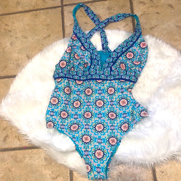 Catalina Swim Catalina Womens Floral Swimsuit Boho One Piece Blue Teal Size Large 2 14